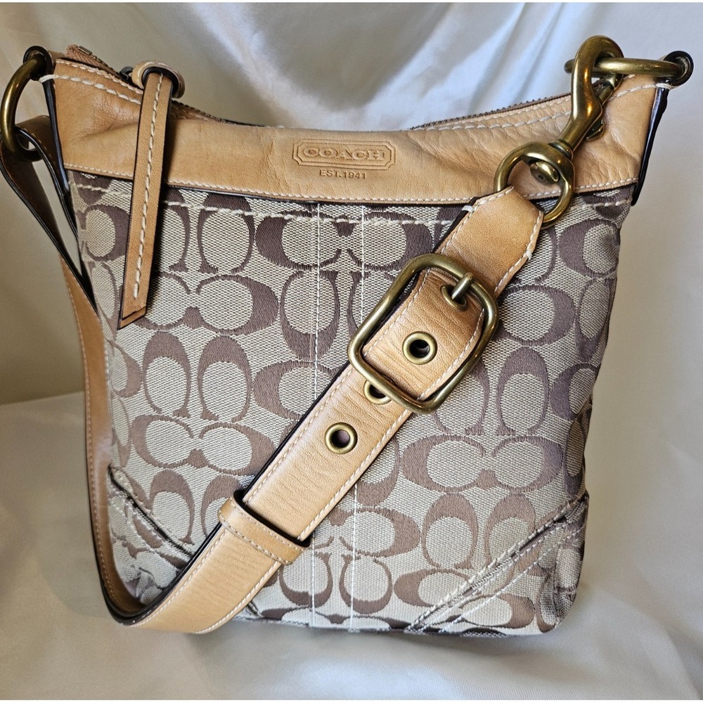 Coach Signature Brown/Tan Shoulder Bag – Style 10402 – Brass Hardware